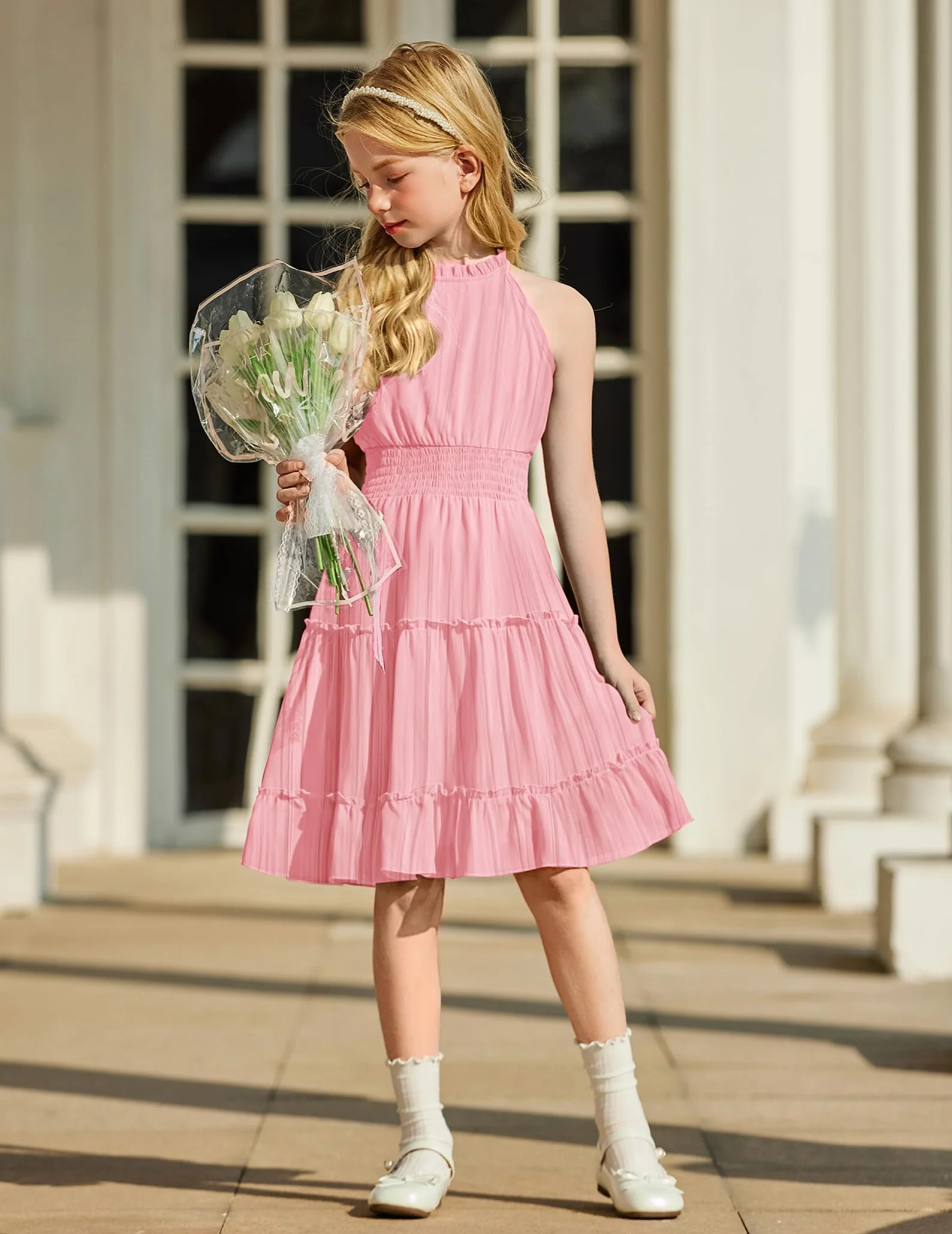 Arshiner Vestidos para Niña Verano Sin Mangas Fiesta Niños Vestido Festivo Cuello Halter Vestidos Ligero Gasa Hombros Descubiertos Midi Informal Corte A Vestido de Noche Elegante para Niñas 6-13 Años