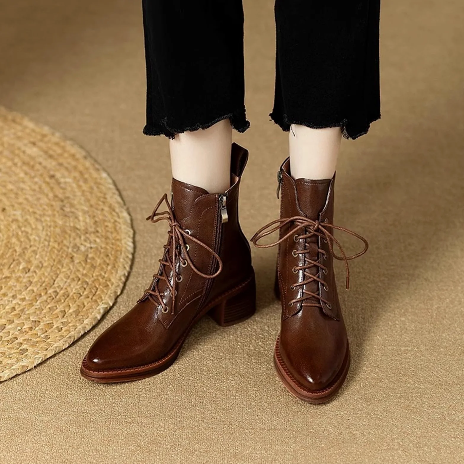 Genérico Botines Mujer Vestir Cordones Plataforma Botas Puntera Redonda Elegantes Zapatos Cómodos Ligeros Caminar Bota Casuales Antideslizantes Botin para Otoño Invierno Trabajo Paseo y Uso Diario