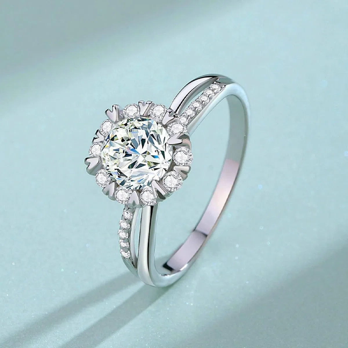 Anillos de compromiso con moissanite de 1 ct, anillo de boda de oro auténtico Halo Moissanite, anillos de boda de oro blanco para mujer