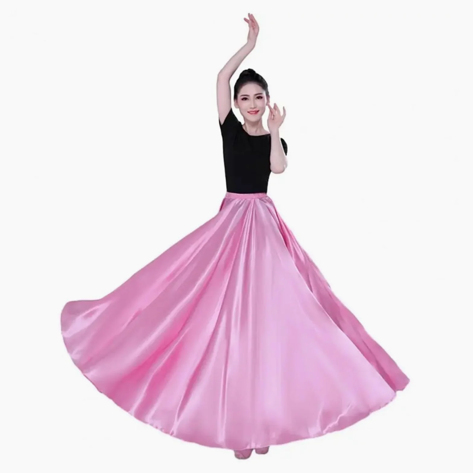 Falda Danza del Vientre Falda de Rendimiento for Mujer, Falda Plisada con Dobladillo súper Grande, Falda de satén for Danza del Vientre, Falda española Larga, Faldas for Baile Swing(Pink)