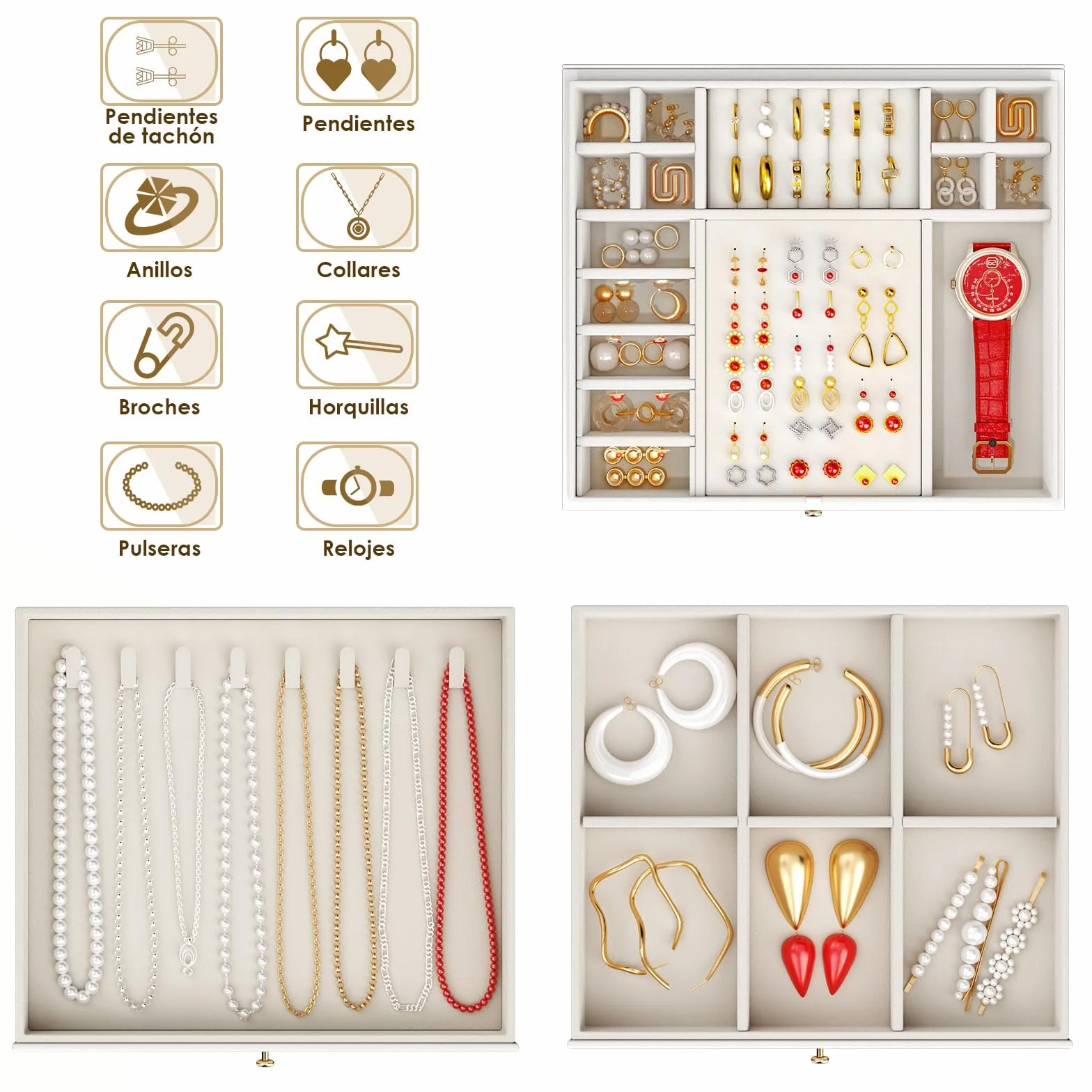 Caja Grande para Joyas 3 Niveles 24 Compartimentos Organizador de Anillos Collares y Pendientes con Tapa Transparente Blanco Mate