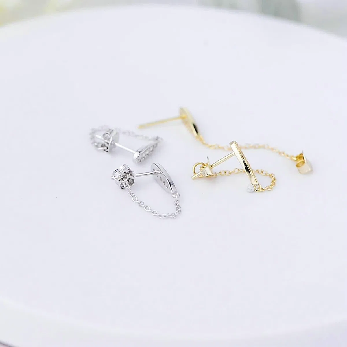 Pendientes de oro auténtico de 18 quilates de oro blanco 750 con diamante, cadena de pendientes