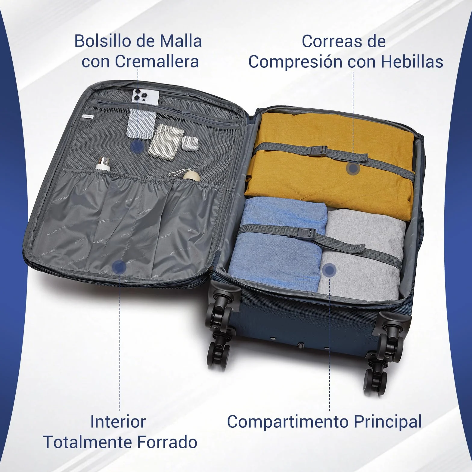 British Traveller Maleta Cabina 57,5cm Trolley Rígido con 4 Ruedas Giratorias y Cerrado TSA, Azul