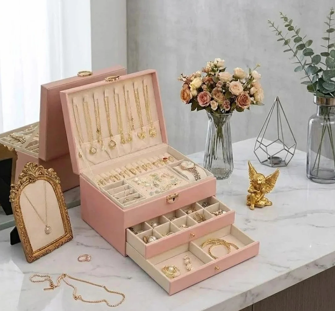 Joyero de 3 niveles, apilable, 2 cajones, caja de almacenamiento con compartimentos, con cerradura y llave, para pendientes, anillos, pulseras, collares (rosa)