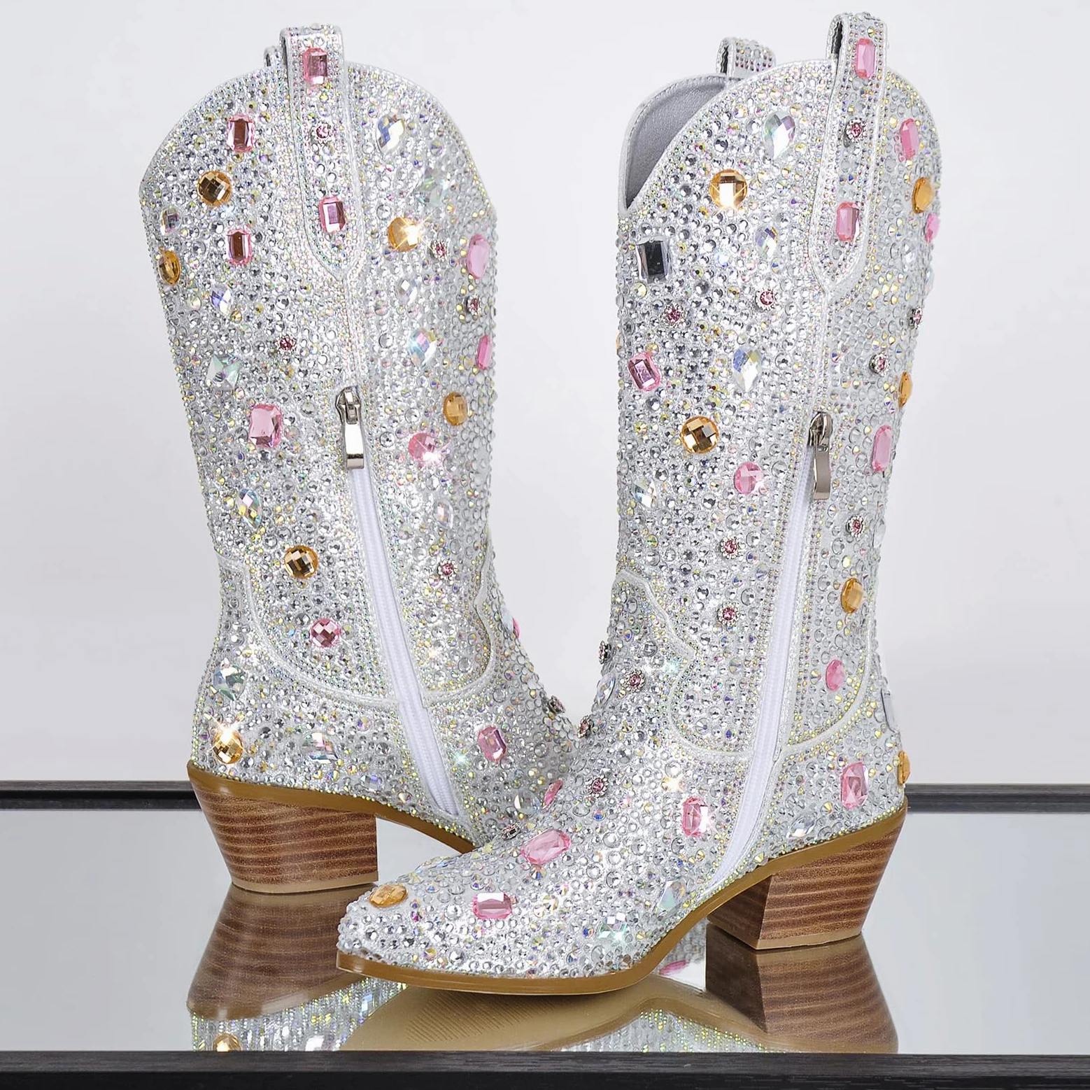 MissHeel Botines de vaquero brillantes con tacón de embudo con purpurina, botas occidentales decoradas con piedras preciosas