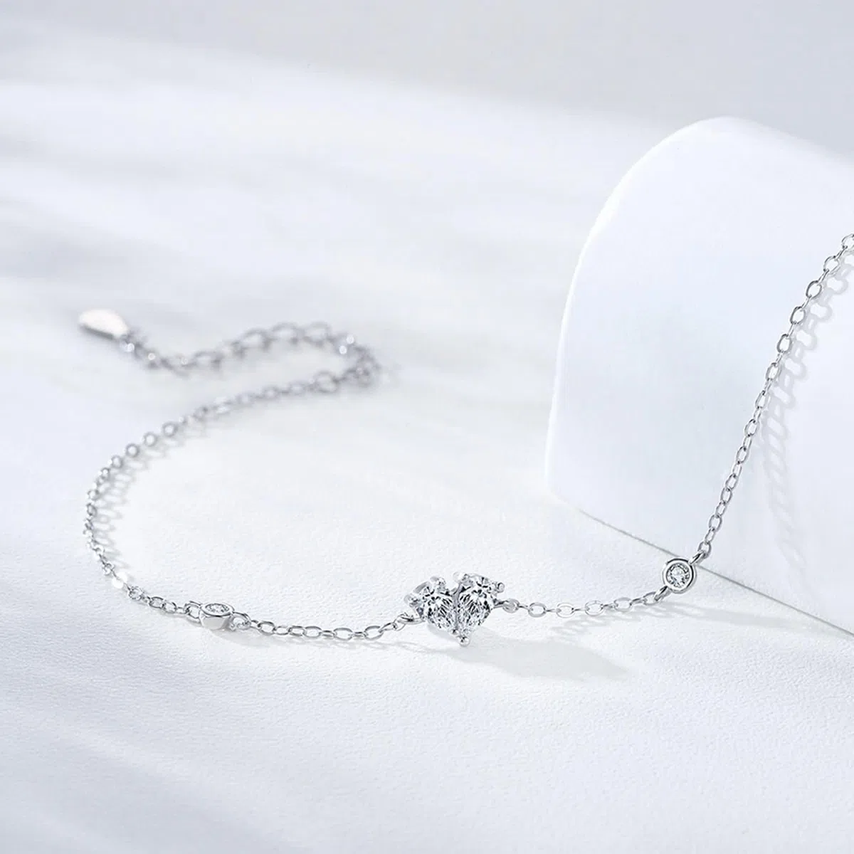 Pulsera Oro Blanco 9K / 14K / 18K Mujer, Corazón y Gota de Agua con Diamante Creado de 0,25 ct, Cadena Extensible 16 CM + 5 CM, Pulseras Mujer Ajustable Plata
