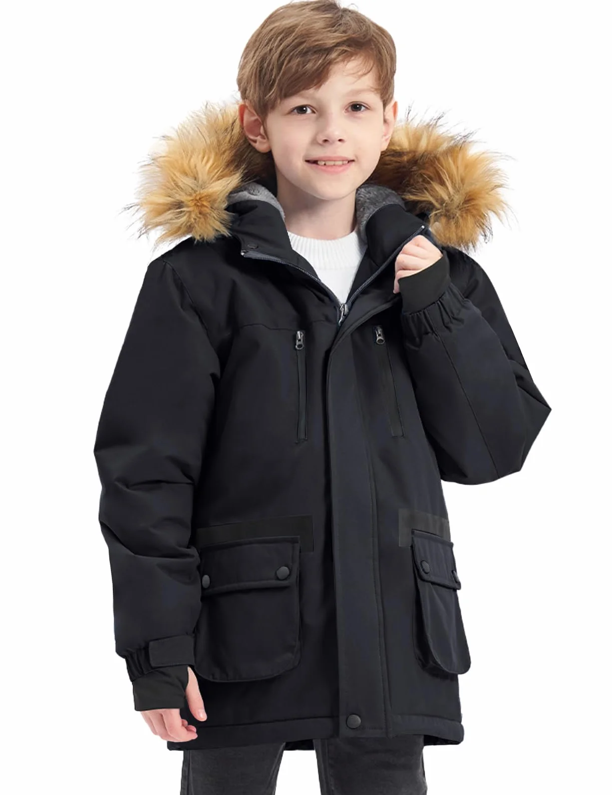 GEMYSE Chaqueta de Esquí para Niño con Capucha de Piel Desmontable Abrigo Impermeablede de Nieve Invierno Cazadora Antiviento