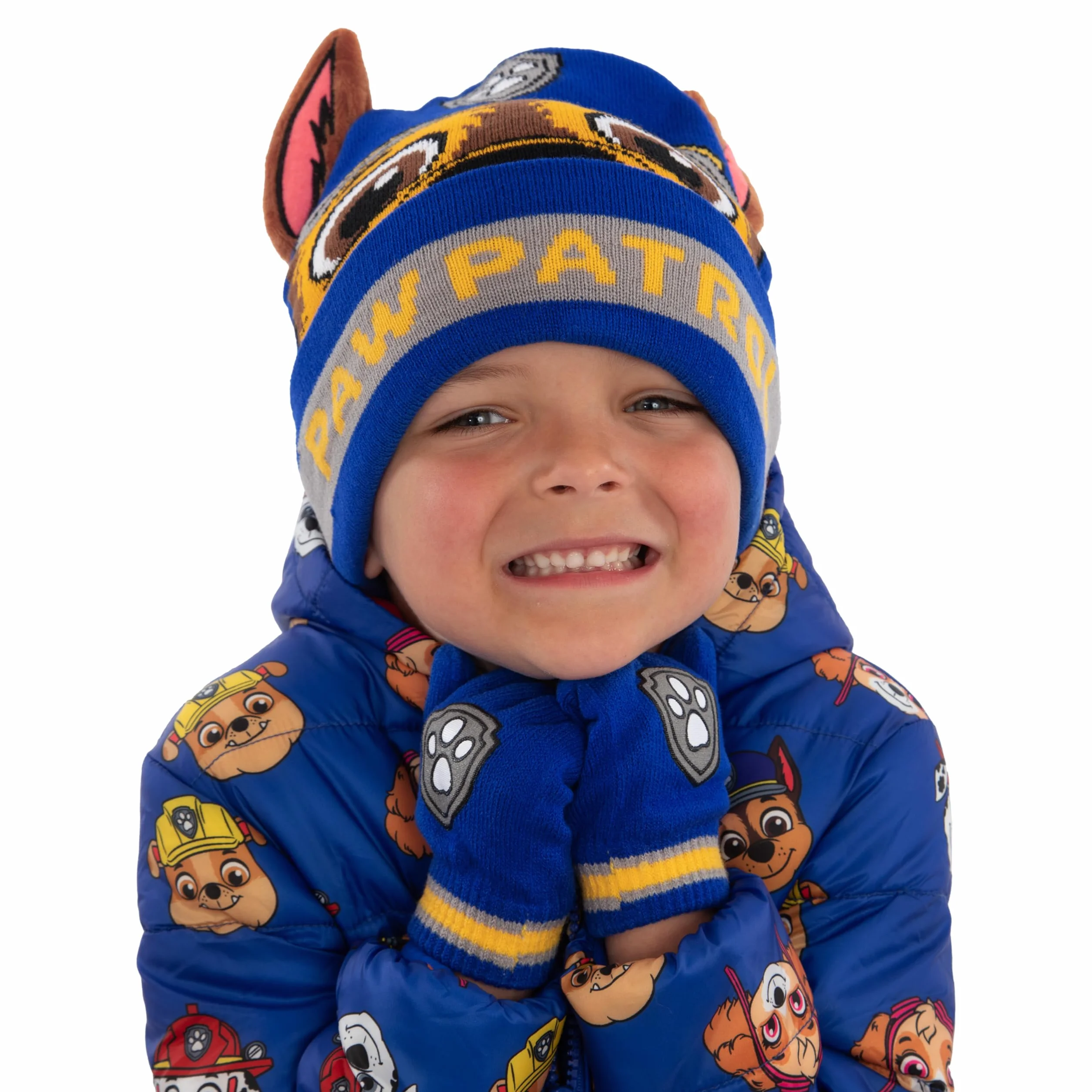 Paw Patrol Conjunto De Gorro Y Guantes Para Niños, Conjunto De Gorro Y Guantes Chase Con Orejas 3D, Azul, Talla Única