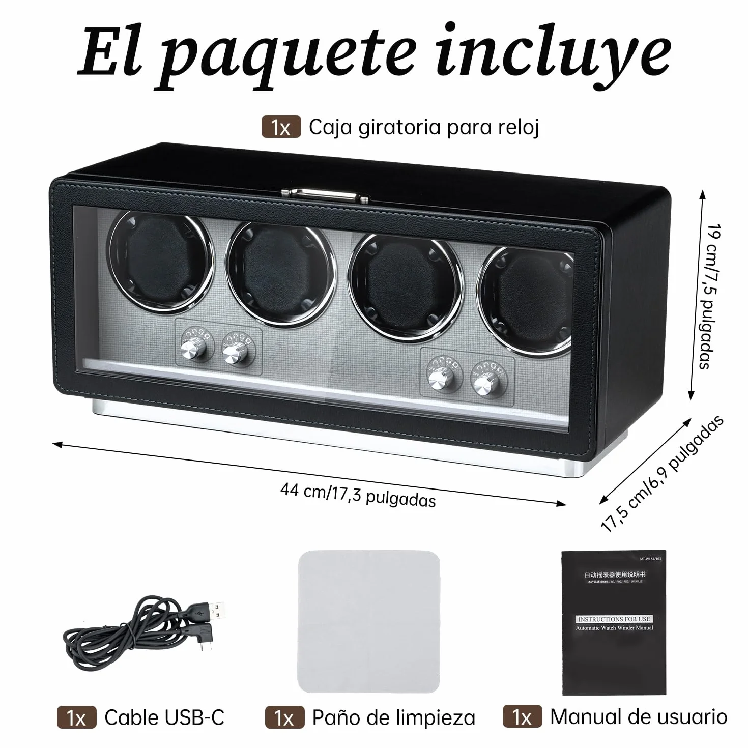 Mcbazel Automática Rectangular Piel sintética Caja enrolladora para 4 Relojes Motor ultrasilencioso 4 diales Pantalla LED 4 Modos rotación Negro