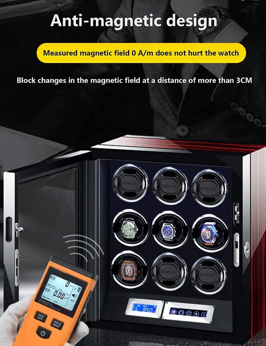 Mira enrollador para 3 relojes, bloqueo de huellas dactilares, pantalla táctil, control remoto, antimagnético, reloj vibrador ultrasilencioso, luz LED (Ebony Grain 3 relojes) (3 relojes negros)