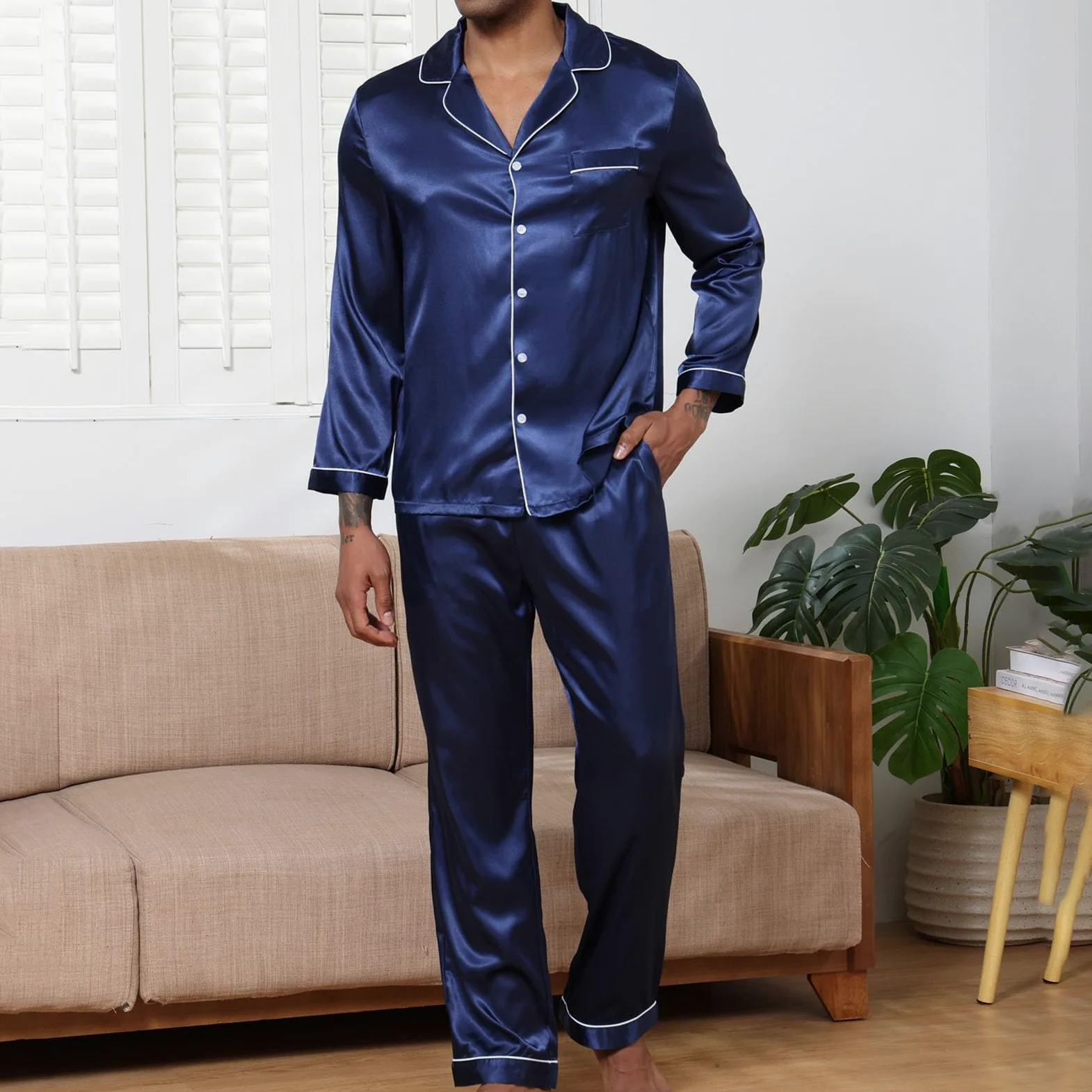 Conjunto de pijama liso para hombre, conjunto de pijama con botones para hombre, ropa de dormir texturizada para novio, ajuste clásico, con botones, ropa de dormir básica con solapas, camisa ligera