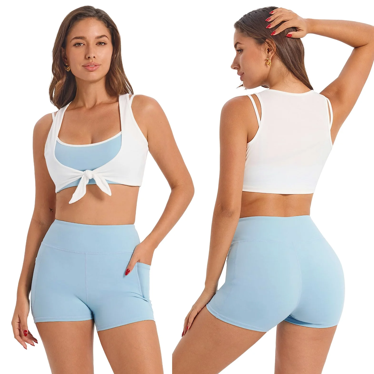 IDOPIP Conjunto deportivo de 3 piezas para mujer con sujetador deportivo, pantalones cortos con bolsillos, chándal para fitness, yoga, pilates, entrenamiento