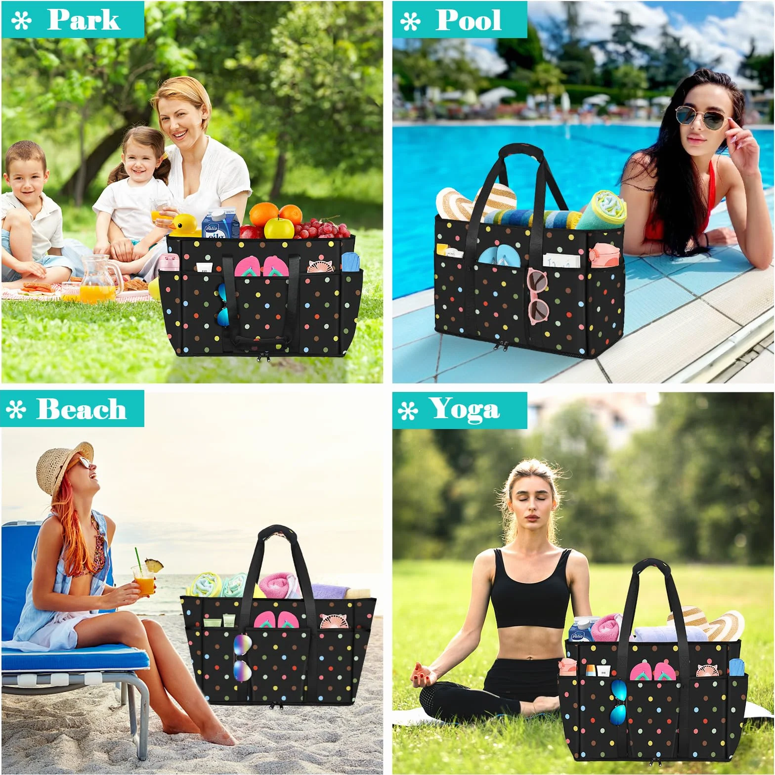 LUROON Bolsa Playa Grande XXL Familiar con Cremallera Impermeable Bolso de Playa Mujer Plegable Shopper Bolso Playa Mujer para Viaje Compras 50 * 35 * 20cm
