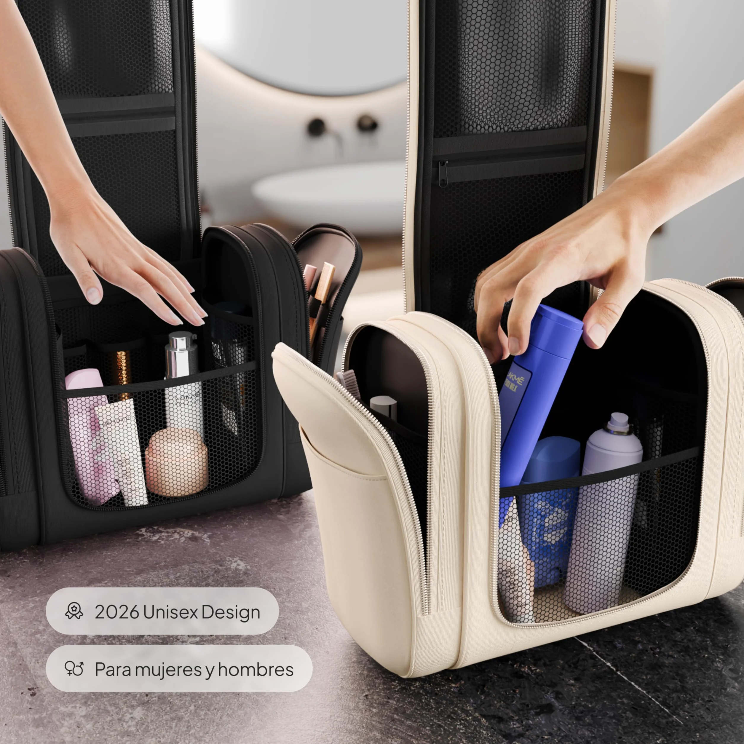 Travelaner® Neceser Hombre y Mujer Design 2026, XXL 3-en-1 Neceser de Viaje Colgante 9L, Gran Bolsa de Aseo Impermeable, Bolsa de Maquillaje, Beige Crema