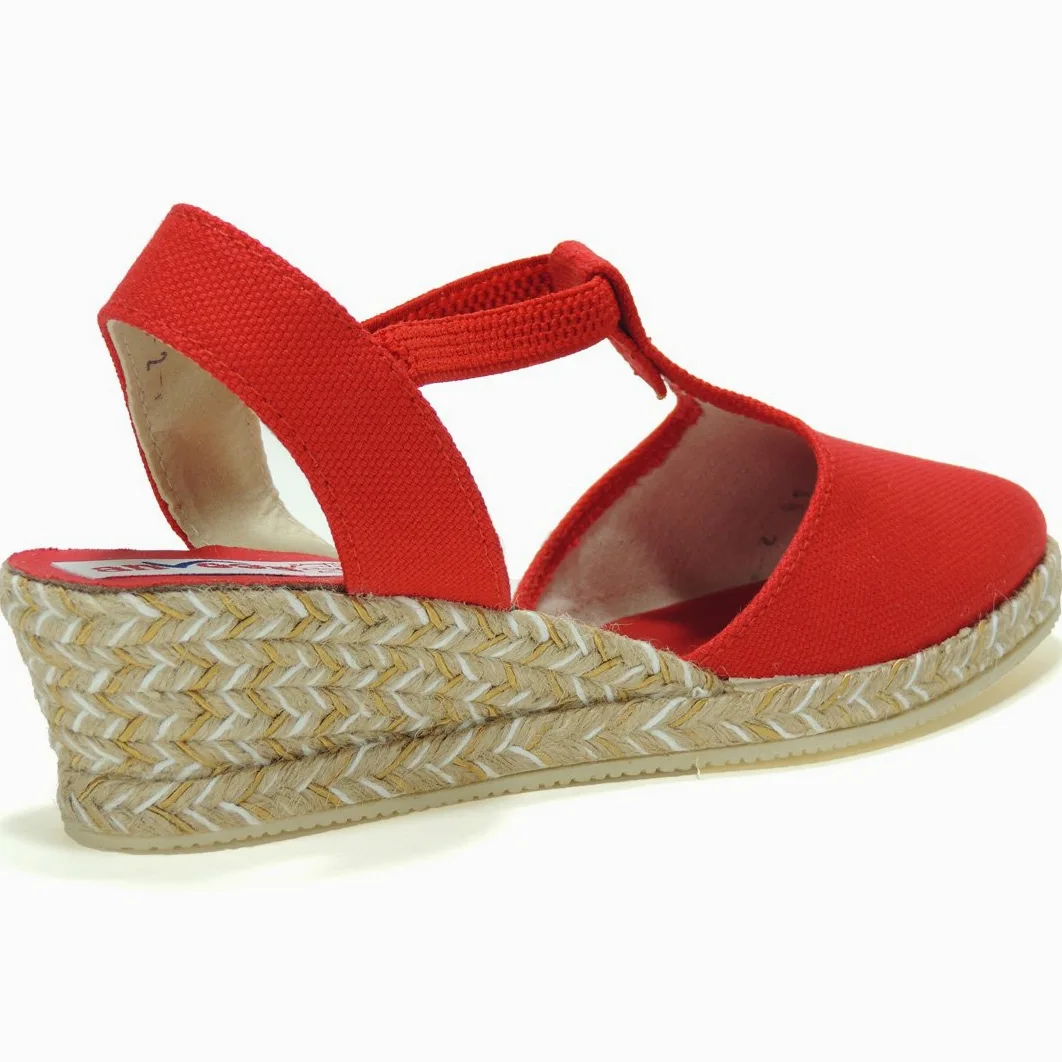 Alpargatas Valencianas Zapatillas para Mujer. Marca ANVESA 419. Cuña de Esparto Cáñamo y Yute - Marca Sevillas - Ajuste con Elástico Rojo Talla 39