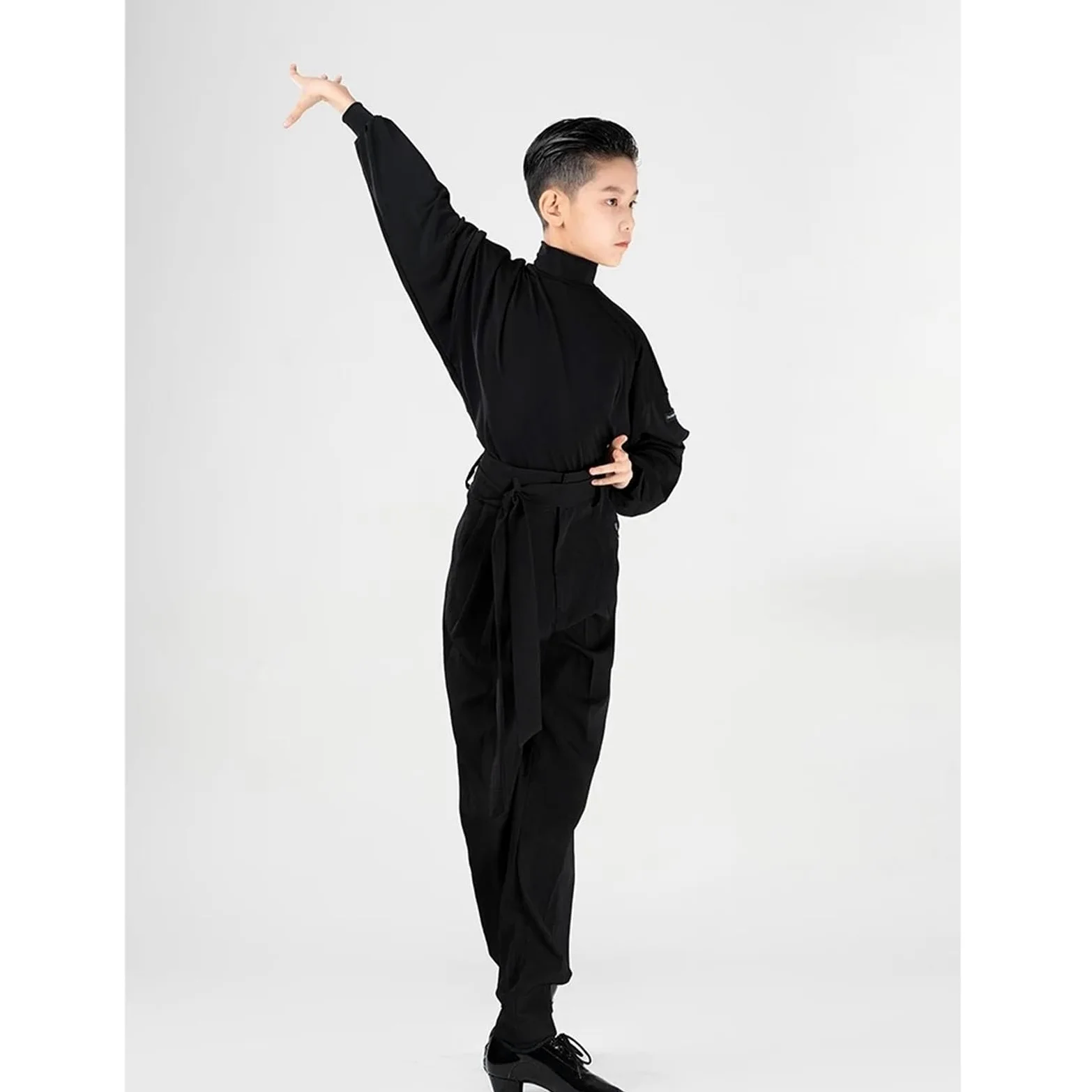 Traje de actuación danés Latino for niños, Top Manga murciélago, Pantalones Cintura Alta, Ropa Baile salón, Tango, práctica for para Hombre, Salsa, Jazz, Danza(XXXS,Black Tops+Black Pant)