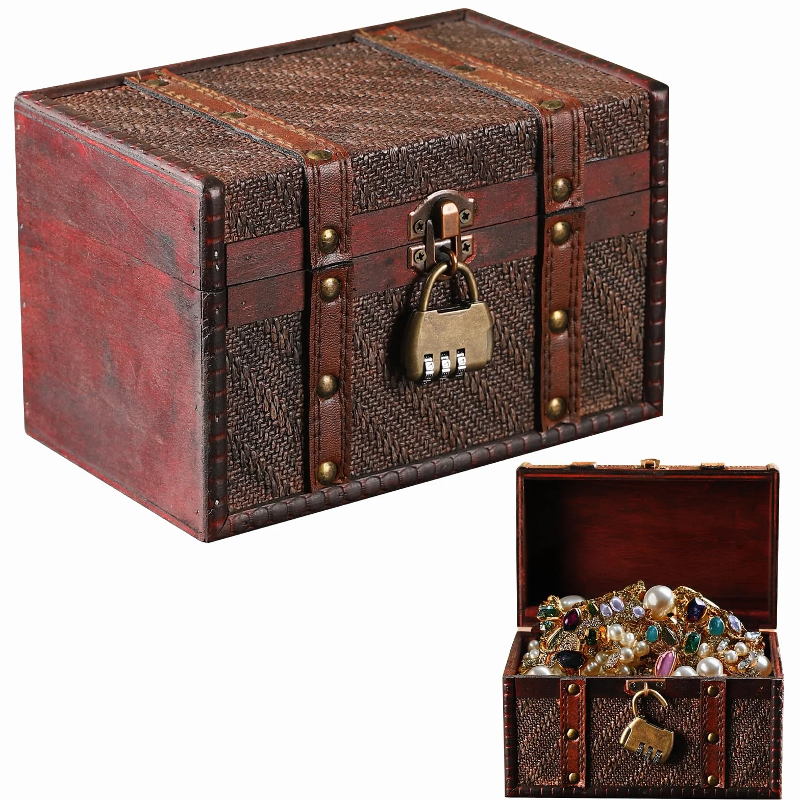 Cofre del Tesoro de Madera Vintage con Cerradura de Combinación, Cofre del Tesoro Pirata Niños con Candado, Pequeño Caja de Madera para Collares, Pendientes, Anillos, Pulseras