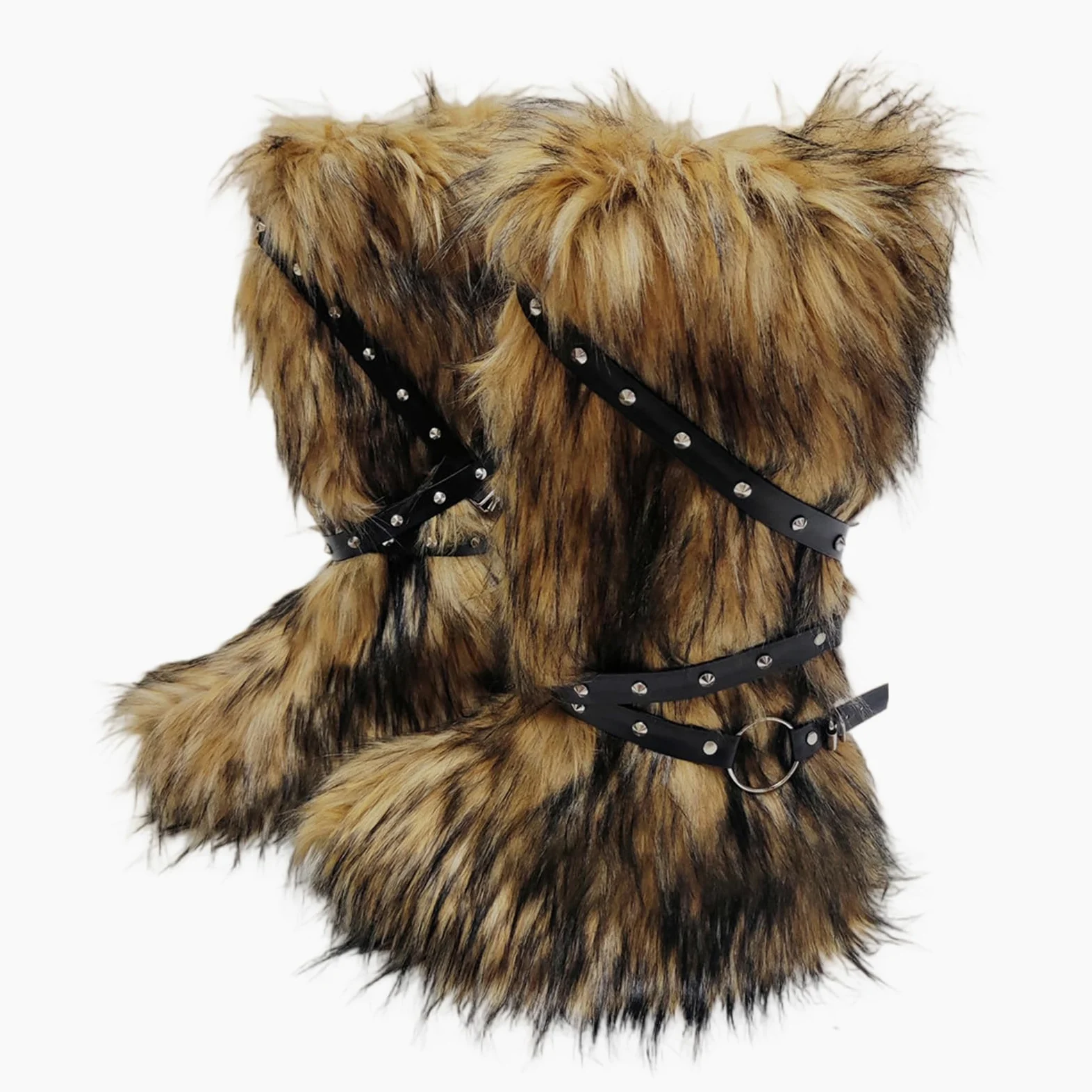 Calentadores de piernas de piel sintética para mujer, remache punk, arnés de piernas, mullido, fundas de botas de nieve, calcetines para fiestas e informales