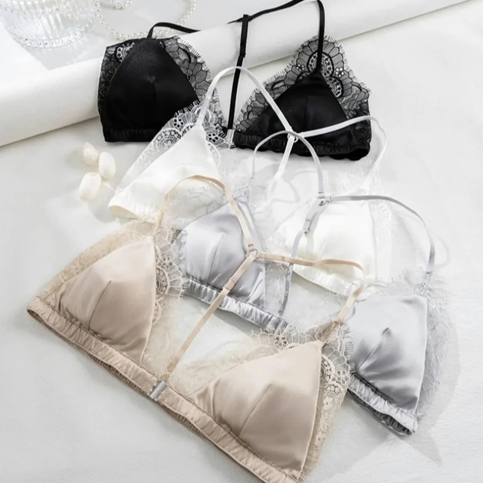 Sujetador de Encaje for Mujer del 93% Seda el 7% Spandex, Bralette con Cierre Delantero Copa Triangular sin Hilos, Ropa Interior