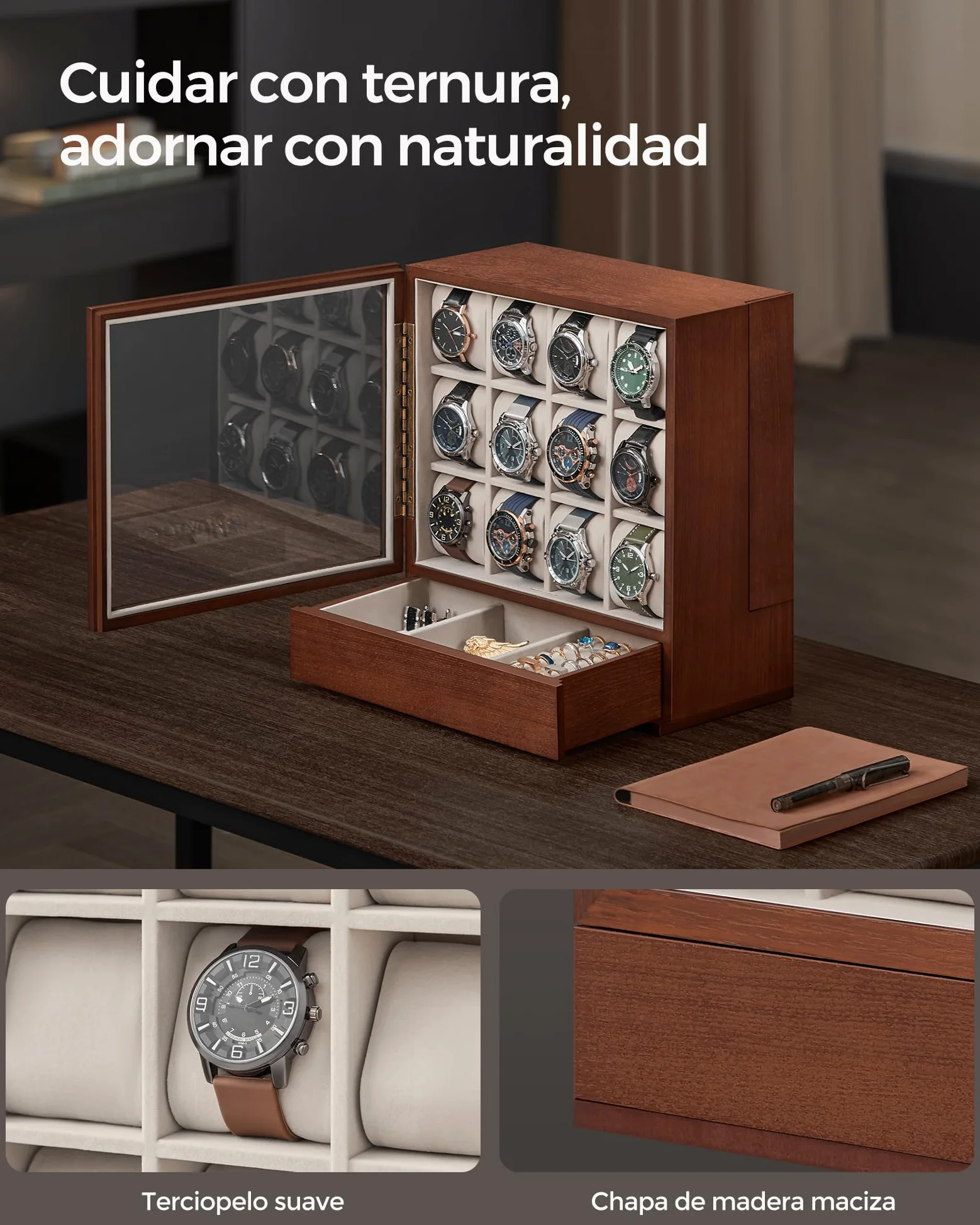 SONGMICS JOW014K01 Caja de relojes con 12 cajones, caja de reloj de madera con ventana, gabinete de exhibición de madera de chapa maciza, almacenamiento vertical, ahorro de espacio, idea