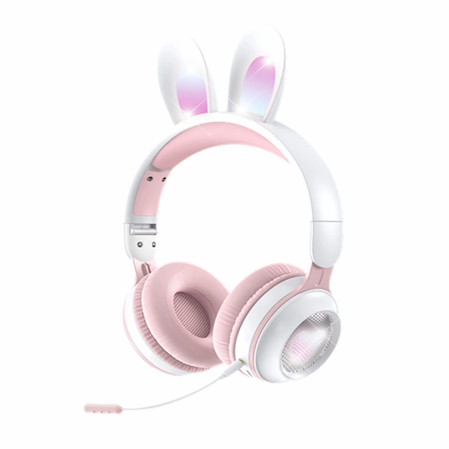 Yunseity Auriculares para Niños, Auriculares Bluetooth 5.0 con Oreja de Conejo, Auriculares Inalámbricos Plegables con Luz LED sobre la Oreja, Soporte TF/AUX, Regalos para Niños, Niños(Polvo Blanco)