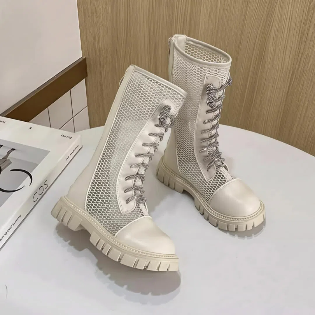 Botas de combate hasta la rodilla para niñas, de malla transpirable, huecos, sandalias romanas con cremallera