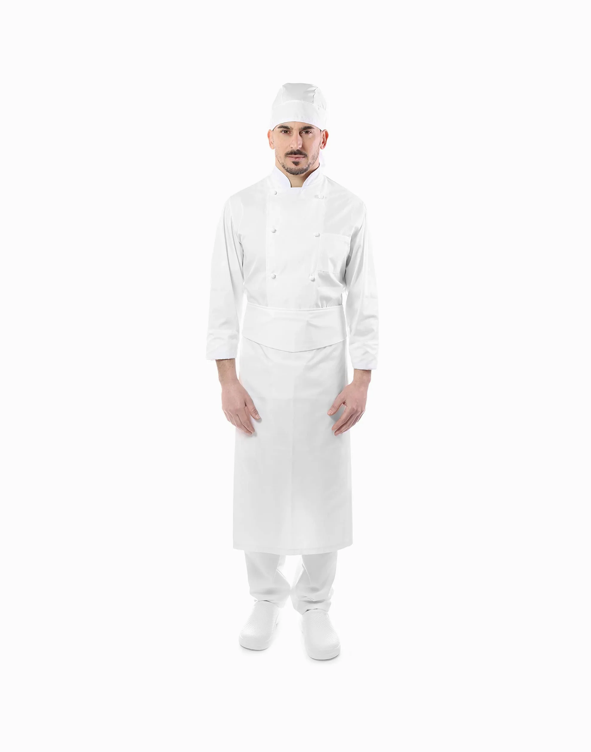 Bordado gratuito – Conjunto de cocinero y chef blanco – Hombre – 4 unidades – Chaqueta, Pantalón, Davantino y Bandana – uniforme para cocina y restaurante – Fabricado en Italia