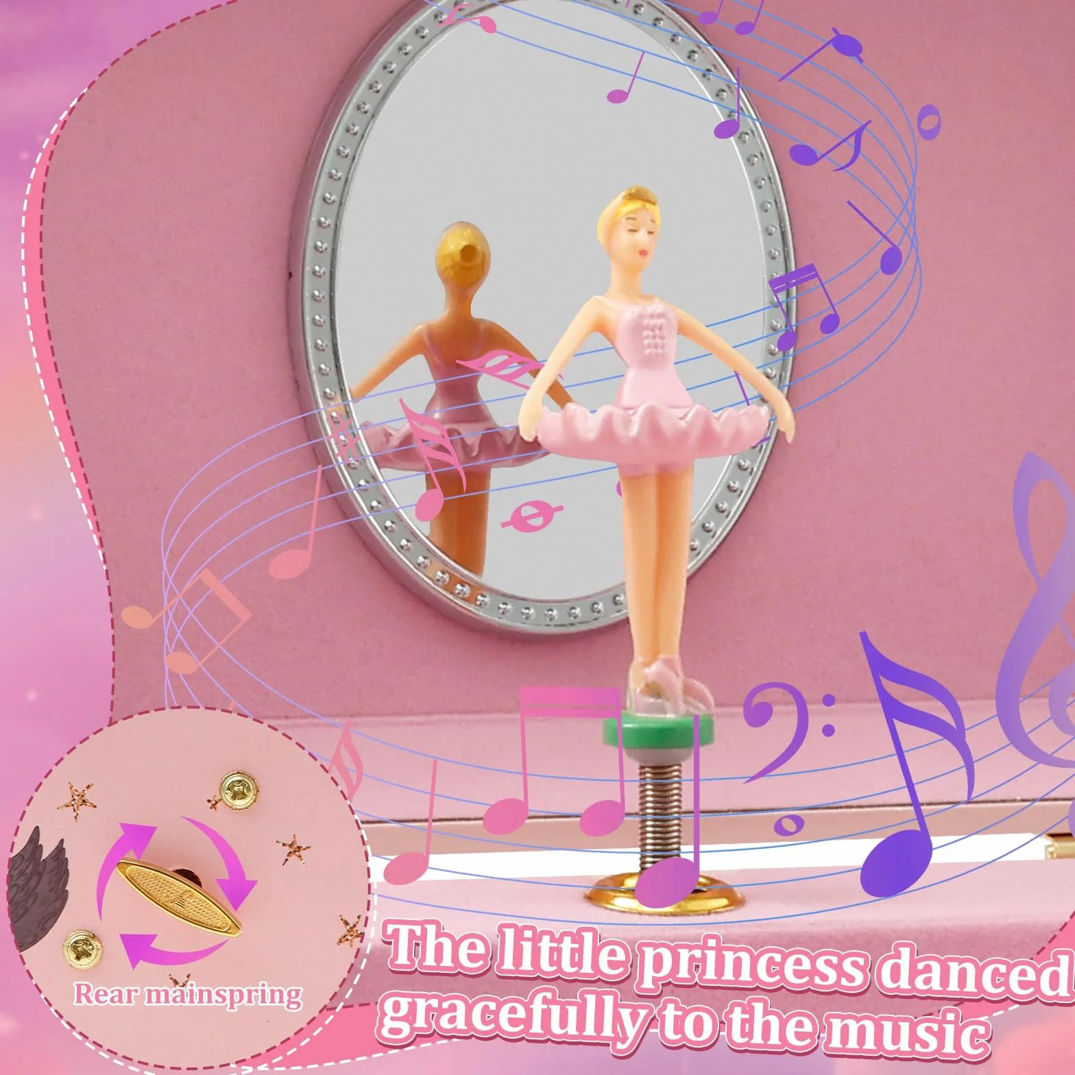 Joyero niña Joyero musical para niños, caja de música con unicornio giratorio, para niñas y niños, con espejo, regalo de cumpleaños (niña de ballet rosa y negro)