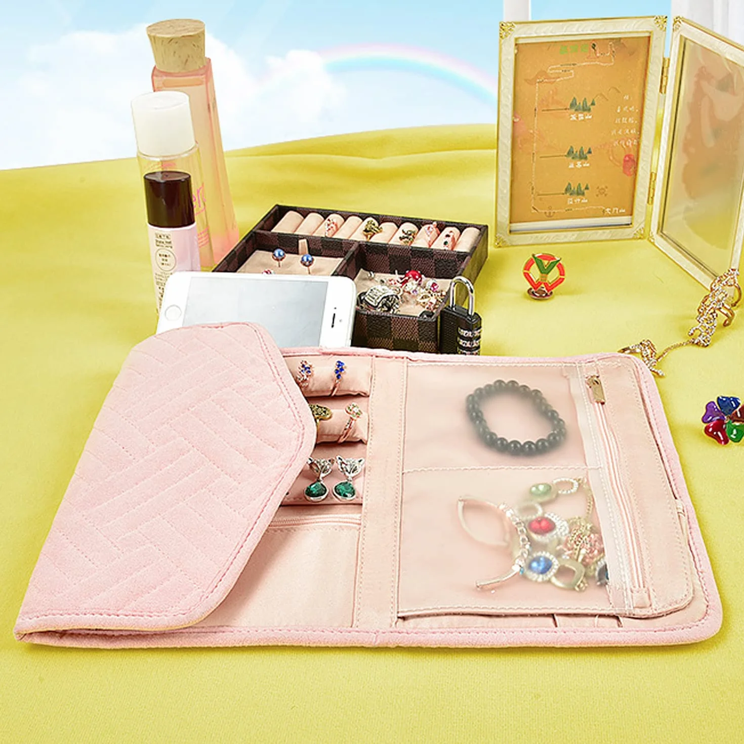1 bolsa de almacenamiento plegable para joyas, bolsa de joyería portátil, organizador de joyas de viaje, caja de almacenamiento para anillos, utilizado para pulseras, pendientes, anillos (rosa nude)