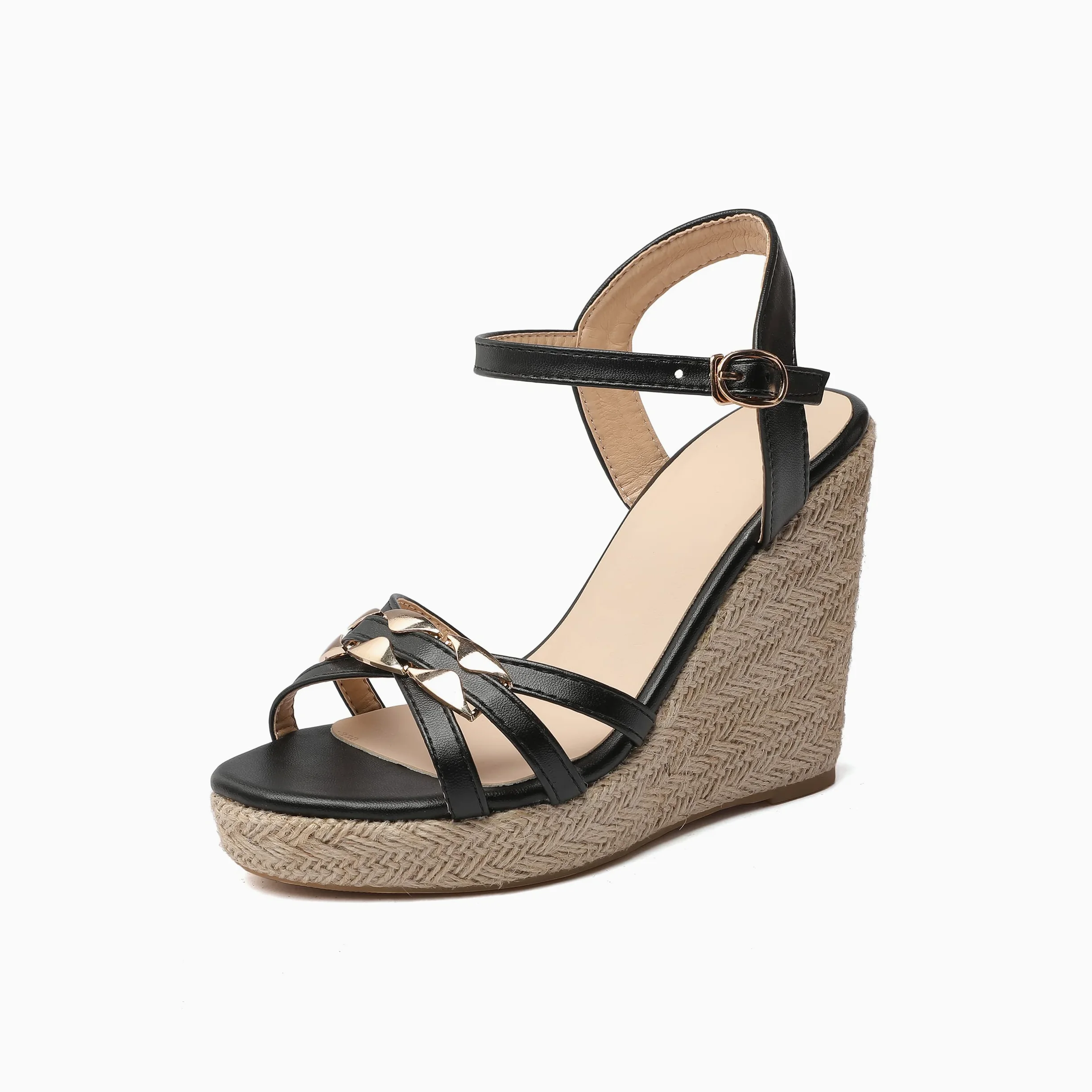 Sintético sexy peeptoe hebilla correa tacón cuña sandalias mujer tacón alto con 11 cm bombas para mujer talla grande t33-502