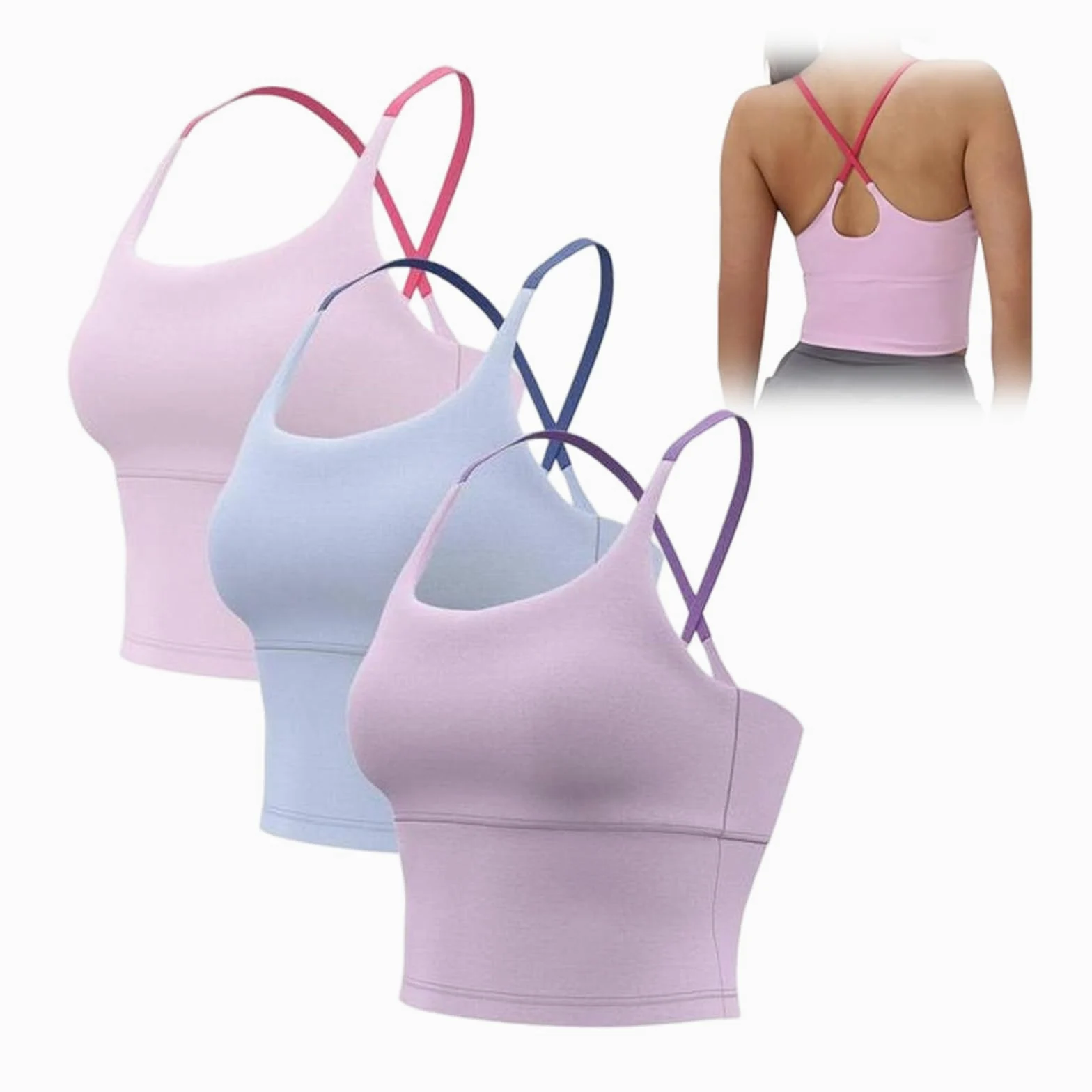 Sujetador deportivo de tirantes finos con espalda cruzada para mujer | Top corto acolchado con tirantes y sujetador incorporado, estilo push-up, ideal para yoga, deporte, gimnasio y uso diario