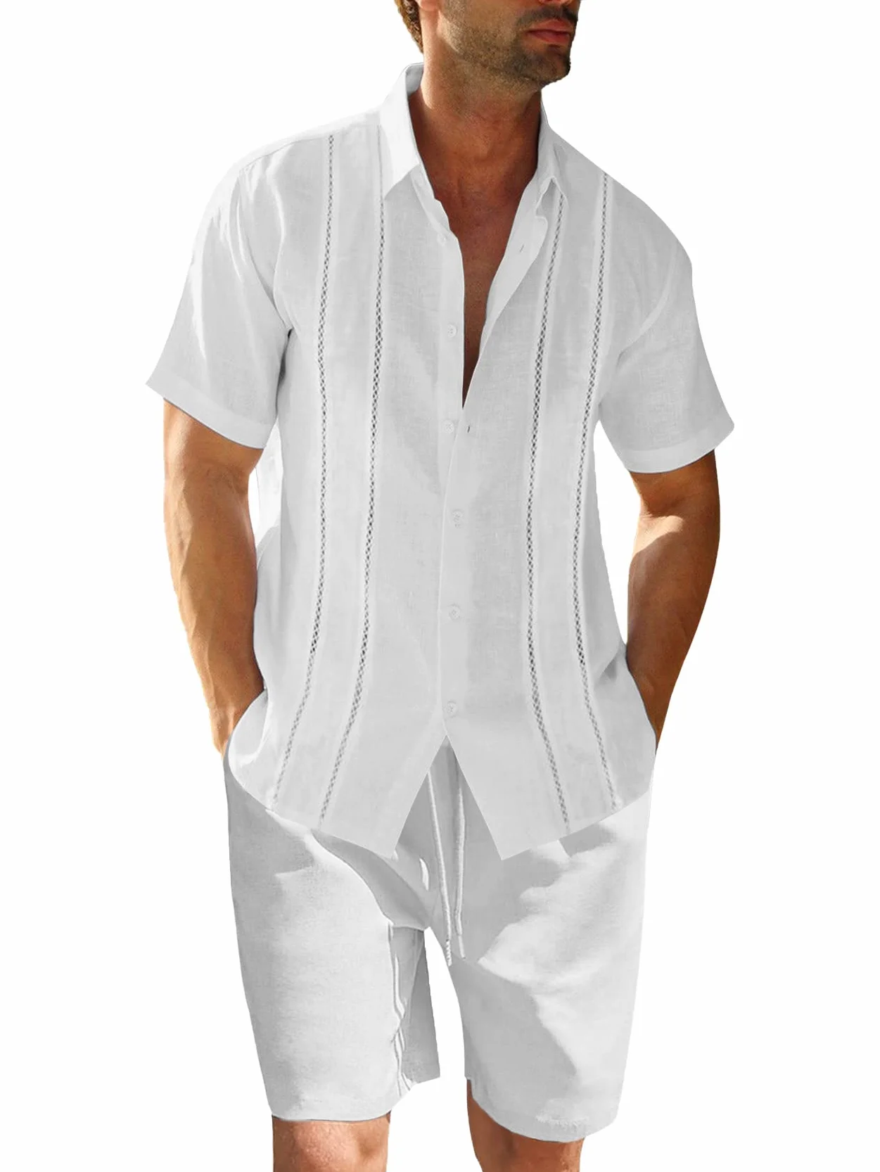 Conjunto de 2 piezas de lino para hombre, corte regular, con botones, camisa de playa y pantalones cortos, ropa de verano de manga