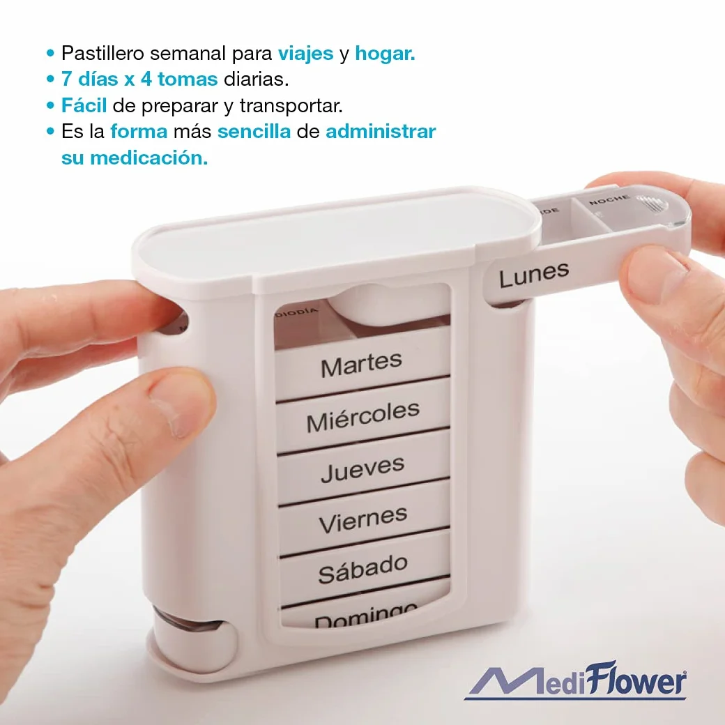 Pastillero de viaje con 7 módulos. Pastillero semanal en español con dispensadores individuales de hasta 4 tomas - 200 g