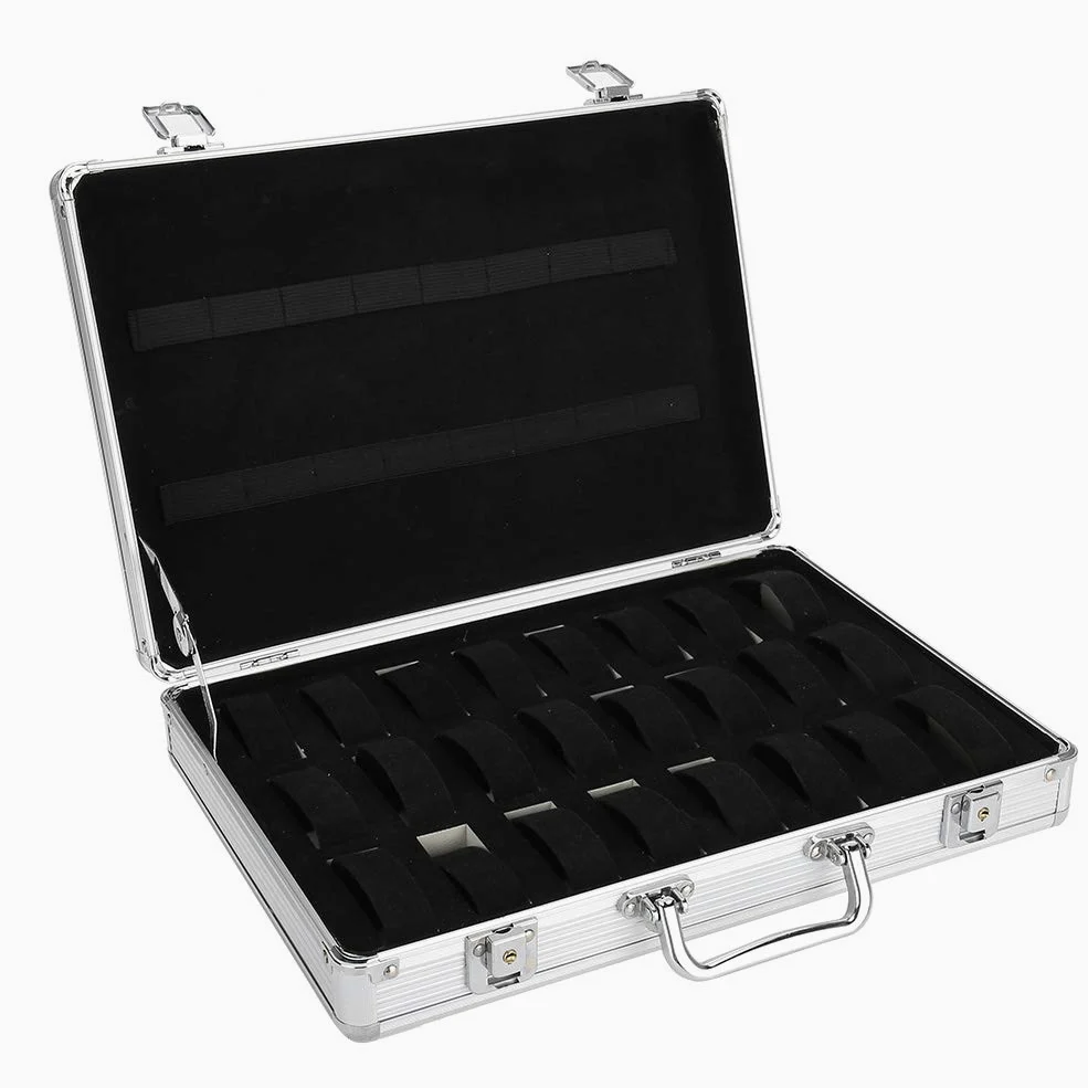 ZJchao Caja de almacenamiento de reloj de aleación de aluminio con 24 rejillas con interior suave y mano de obra de primera clase, portátil y duradera