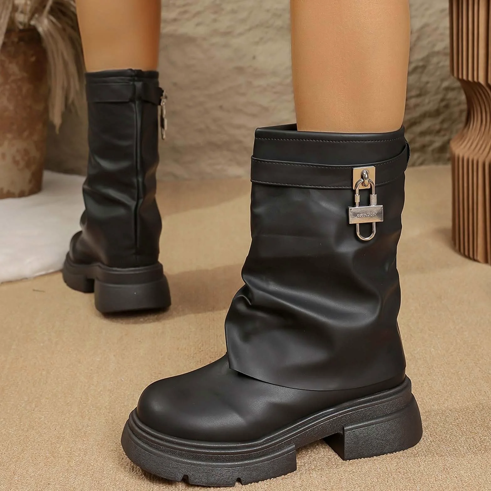 Botines de tacón grueso para mujer, estilo retro, versátiles, hasta la pantorrilla