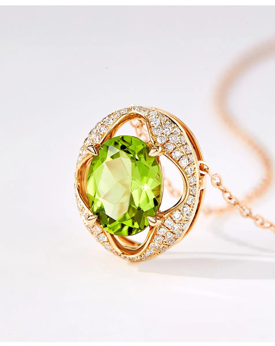 Collares para mujer a la moda, colgante de flor hueca de oro amarillo con peridoto ovalado de 1,7 quilates y diamante