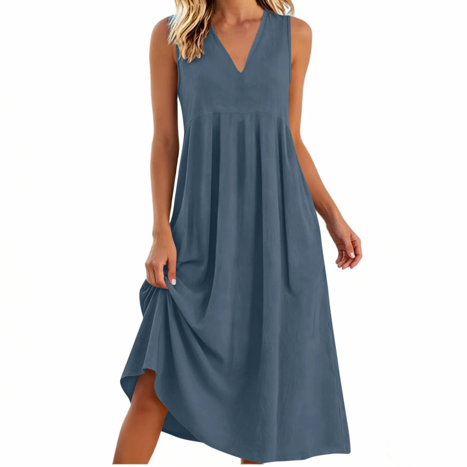 Vestido Mujer Verano Cuello V Algodón Lino Casual Suelto Color Sólido Largo Cintura Alta Bolsillos Cómodo Transpirable Maxi