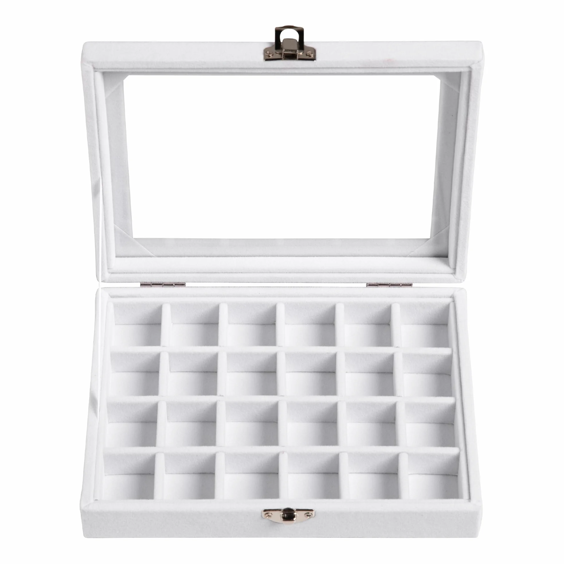 Frebeauty Bandeja de joyería 24 rejillas organizador de aretes terciopelo caja joyas con tapa transparente cerradura