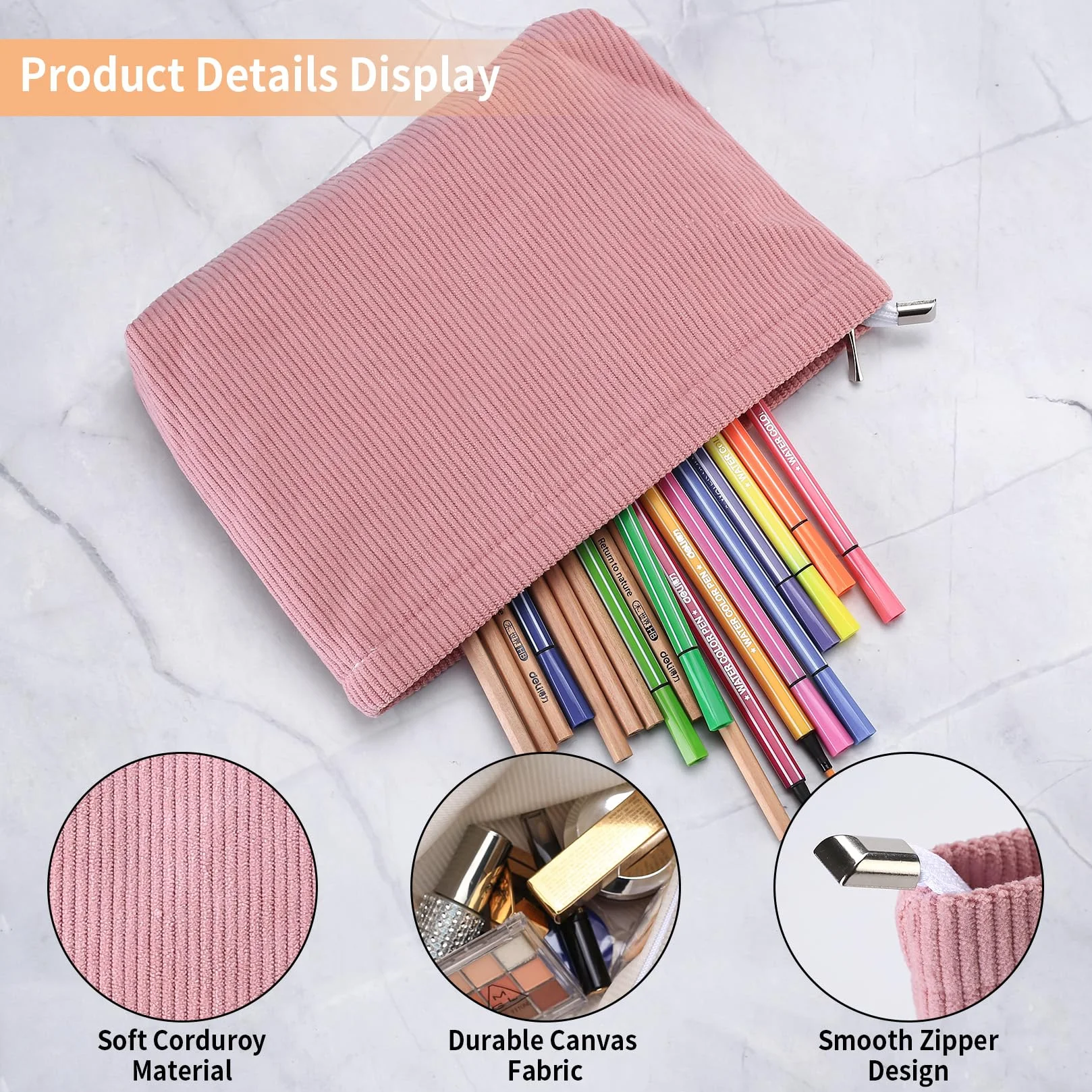 4 bolsas de cosméticos para mujer, pequeñas bolsas de maquillaje de viaje para bolso de mano, con cremallera, de pana, esencial, 10.24 x 7.48 x