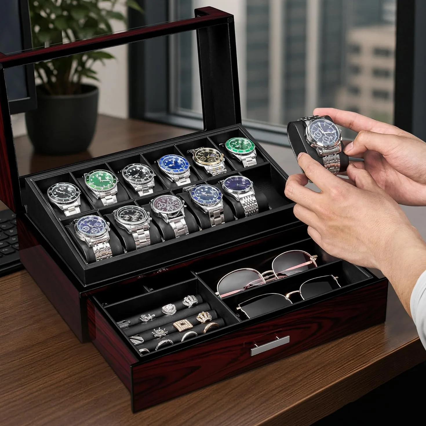 ANWBROAD Caja Relojes para Hombre 12 Compartimentos Tapa de Cristal Caja de Relojes 2 Capas de Pintura Relojero Organizador para Guardar Joyas Forro de PU Regalo para Hombre y Mujer JWB005Y