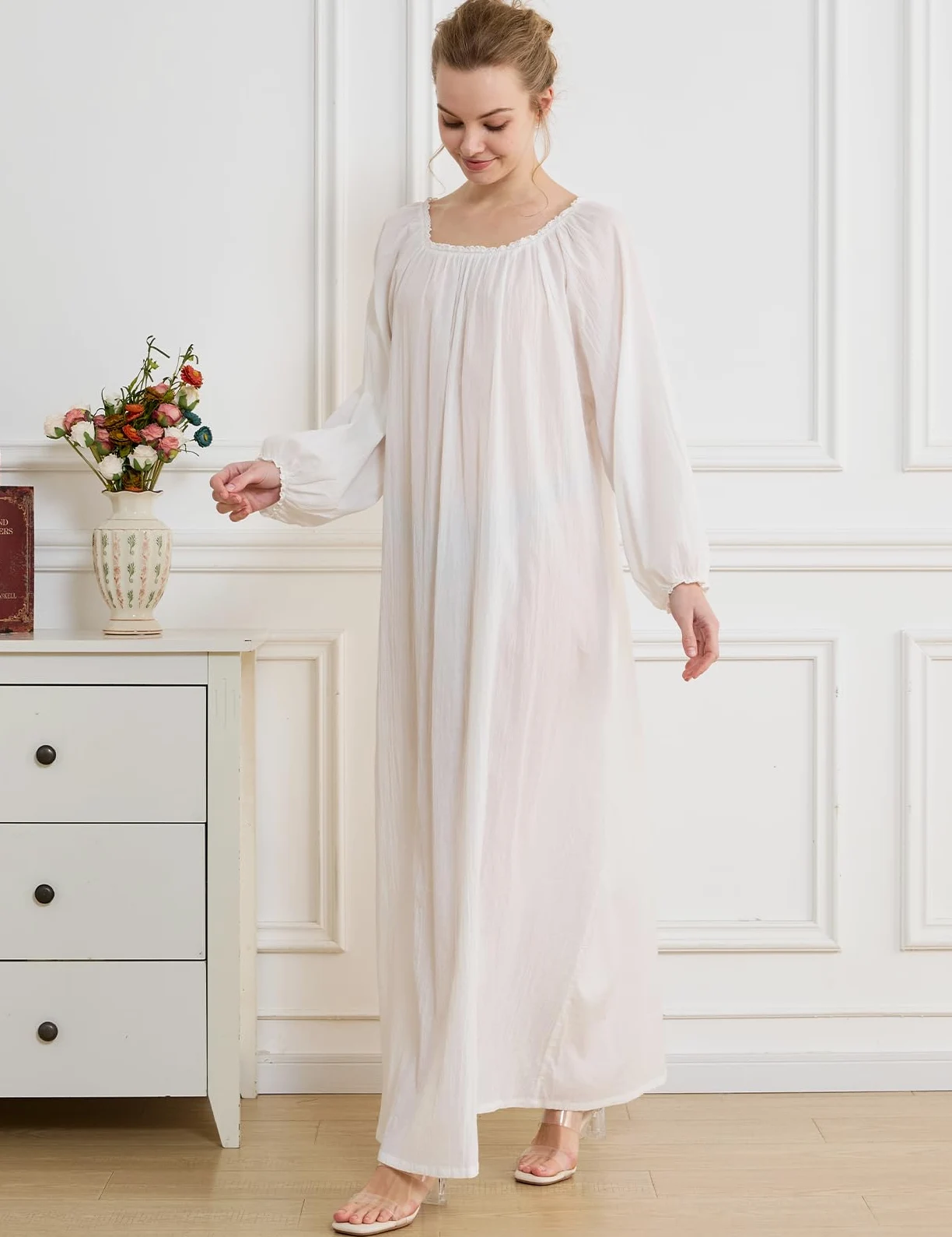 BEAUTELICATE Camisón Victoriano de Algodón Muselina para Mujer con Detalles de Encaje Manga Larga Suave y Holgado Blanco