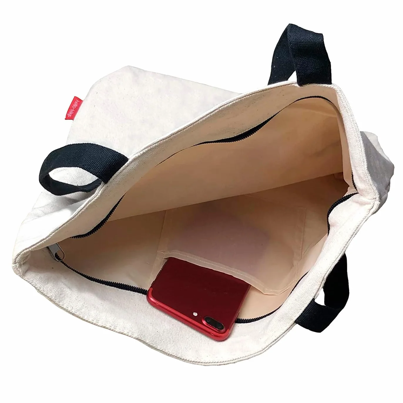 Hello-Bags. Bolso Tote bag con cremallera, forro y bolsillo interior. Exterior: Algodón 100%. Incluye sobre kraft de regalo. Modelo "SI TE RODEAS". Color: Crudo/Negro. Medidas: 37x 38 cm.