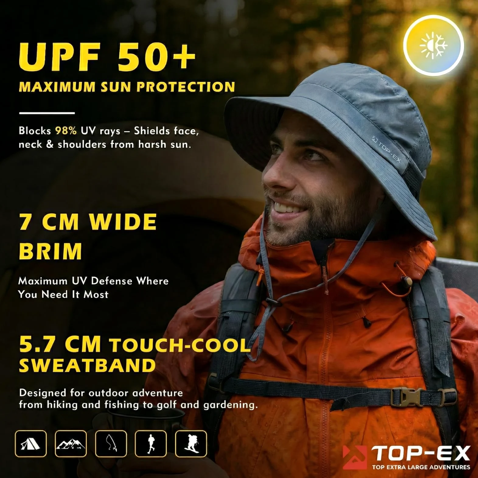 TOP-EX Sombrero de pescador refrescante para hombre, transpirable, protección UV, sombrero de sol para mujer, sombrero de verano al aire libre con ala ancha, sombrero de safari plegable