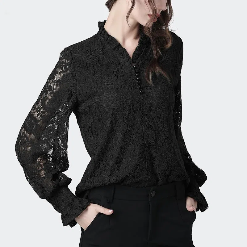Blusas de Encaje Floral para Mujer Blusas de Malla de Manga Larga ahuecadas Blusa Holgada con Cuello en V con Volantes para Mujer Blusa Coreana de otoño (Negro XL)