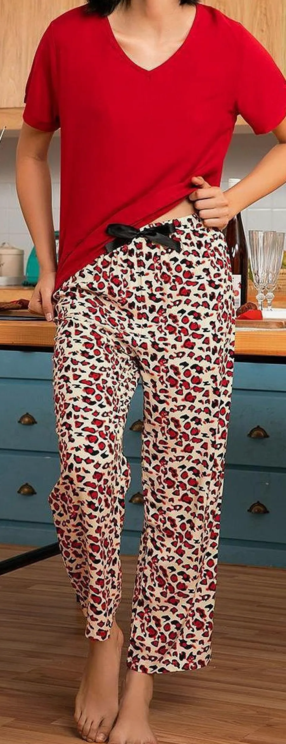 Pijama De Mujer Manga Corta,Pantalones Estampados Con Cuello En V Rojo Pijama De Manga Corta De Verano Para Mujer Conjunto De 2 Piezas Pijama Suave De Moda Ropa De Salón Regalo Del Día De La Madre