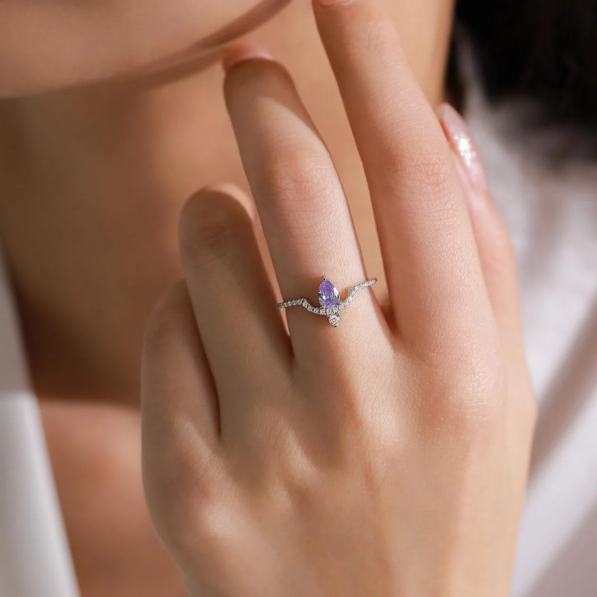 Anillo de oro para mujer, anillo de boda de oro auténtico, elegante con amatista de 0,3 quilates, oro blanco, alianza de boda para mujeres