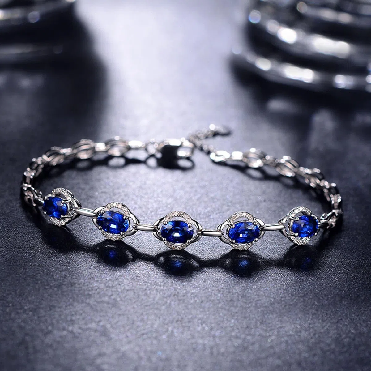 Pulsera de Mujer Oro Blanco 9Kilates / 14Kilates / 18Kilates, Oval con Zafiro y Diamante, Cadena Extensible 16 CM + 5 CM, Pulseras de Plata Azul de Mujer Ajustable