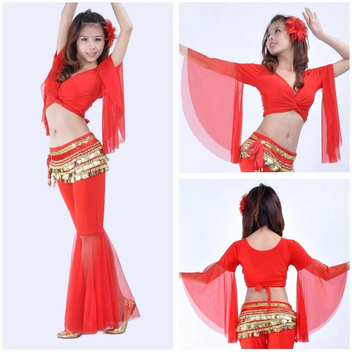 Blusa de baile mangas acampanadas mujer cuello V tul 3/4 cruzada danza del vientre tribal
