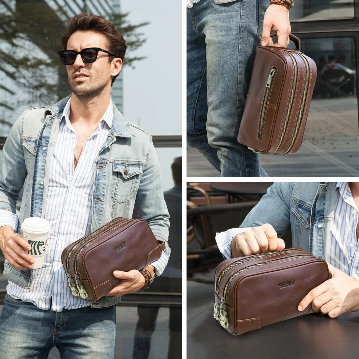 RC ROCKCOW Bolsa de aseo con cerradura codificada, para hombre, de piel auténtica, kit de afeitado, antirrobo, cartera de negocios, organizador de bolso de mano, Café, Cerradura codificada