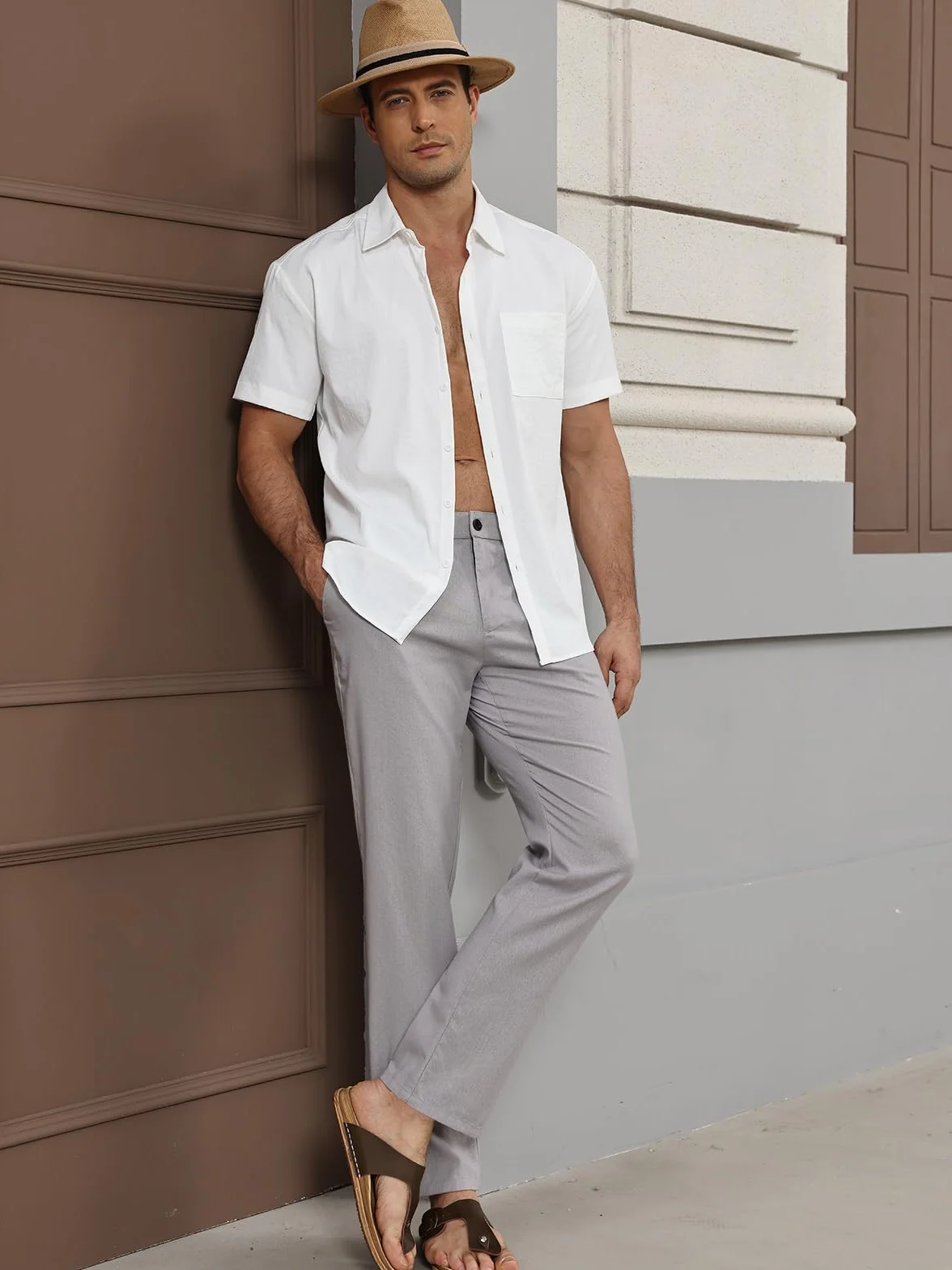 Suwangi Hombre Pantalones de Casuales Pantalones Largos Verano Ligeros Pantalon Lino Mezclar Cintura Elástica con Bolsillos